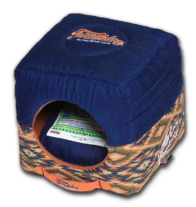Pet Beds Touchdog 70's Vintage-Tribal Throwback Convertible and Reversible Squared 2-in-1 Collapsible Dog House Bed - Doggy Sauce